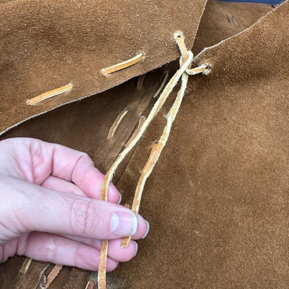 Vintage Suede Leather Poncho Western Brown Fringe Handmade Unisex Southwestern - Picture 5 of 10